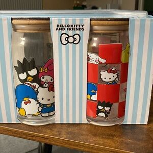 NWT Hello Kitty and friends glass tumblers with bamboo lids and straw set.